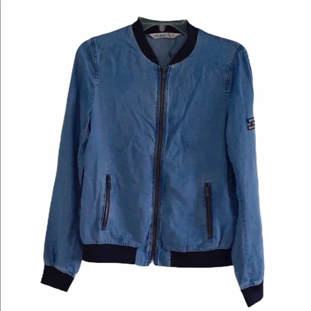 Zara Basic Chambray Denim Zip-Up Bomber Jacket Size S
